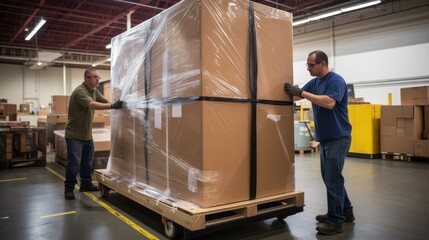 Two workers in a warehouse prepare a large, wrapped box for shipment. The box is secured to a pallet and ready to be moved.