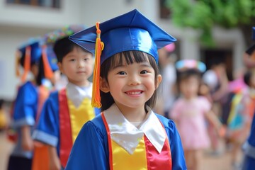 A Young Girl Smiles in a Blue Graduation Gown