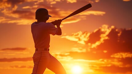 Silhouette of a Baseball Player Batting at Sunset