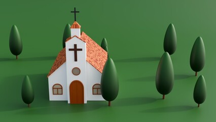 3d rendering of white church with a cross and a tiled roof, nestled amidst a grove of evergreen trees.