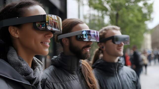 A group of people wearing augmented reality glasses interacting with digital objects in the real world