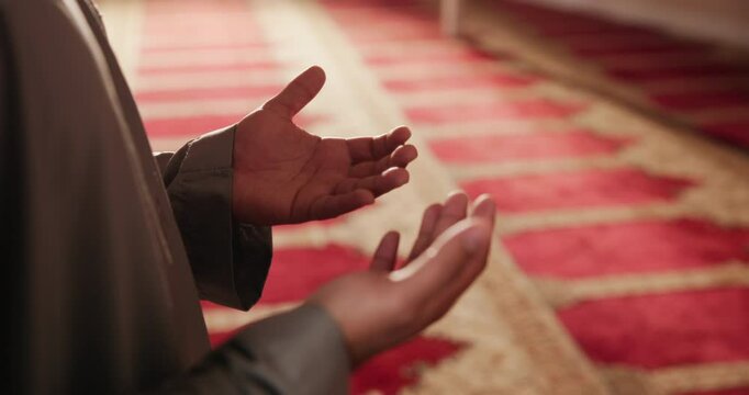 Islam, hands and man in mosque for prayer, devotion and faith in religion in Ramadan. Muslim, person and palms open in temple for respect, dua or spiritual healing in place of worship in Saudi Arabia
