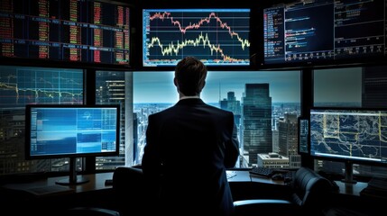 A businessman looks out of a window at the city skyline, his silhouette framed by the glow of computer screens displaying financial data.