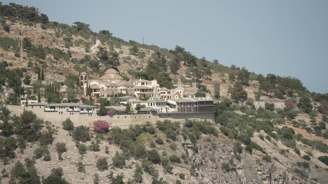 View of Holy Monastery of Archangel Michael of Thassos from elevated position, Astrida, Thassos, Aegean Sea, Greek Islands, Greece, Europe