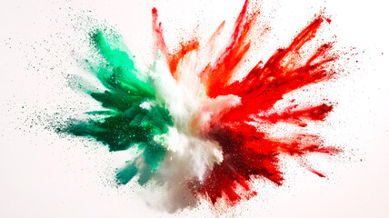 The flag of Italy, created from an explosion of holi colors. A bright explosion of green, white and red powdery paints on a white background. Stylish colorful fireworks