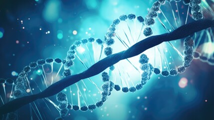 A close-up of a DNA strand, with a soft blue background. The strand is illuminated from behind, creating a glowing effect.