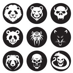 Nine black and white animal icons.