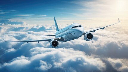 A commercial airplane soars through a breathtaking expanse of fluffy white clouds, bathed in the golden glow of the setting sun.