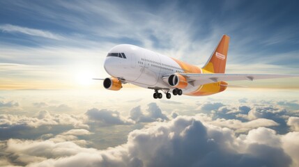 Fototapeta premium A commercial airplane soars through a bright, blue sky, leaving a trail of condensation in its wake.