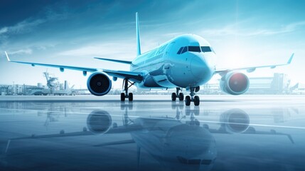 Fototapeta premium A commercial airplane sits on the tarmac, ready for takeoff. The blue sky and clouds create a beautiful backdrop for this powerful machine.