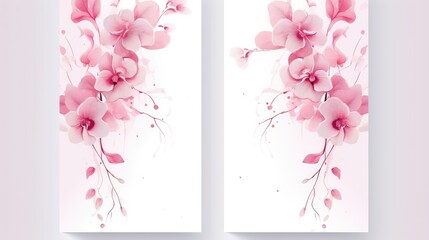 Plakat A delicate floral design with pink orchid flowers and leaves on a white background.