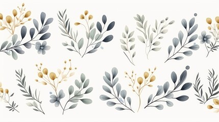 A delicate arrangement of watercolor painted leaves and flowers in shades of blue, grey and gold, perfect for adding a touch of nature to your designs