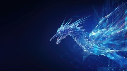 A digital abstract of a blue phoenix with glowing eyes, set against a dark blue background.