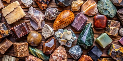 Rough-hewn stones, woods, and minerals, artfully arranged in a geometric pattern, convey a sense of lush natural