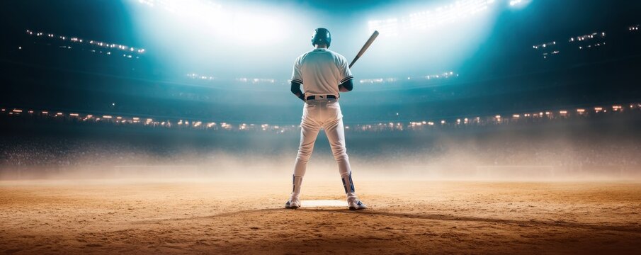 A baseball player stands poised at home plate, ready to swing the bat under bright stadium lights.
