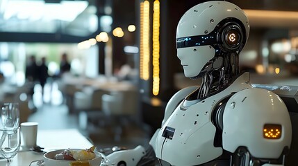 Fototapeta premium A futuristic AI-operated restaurant where robots prepare and serve gourmet meals
