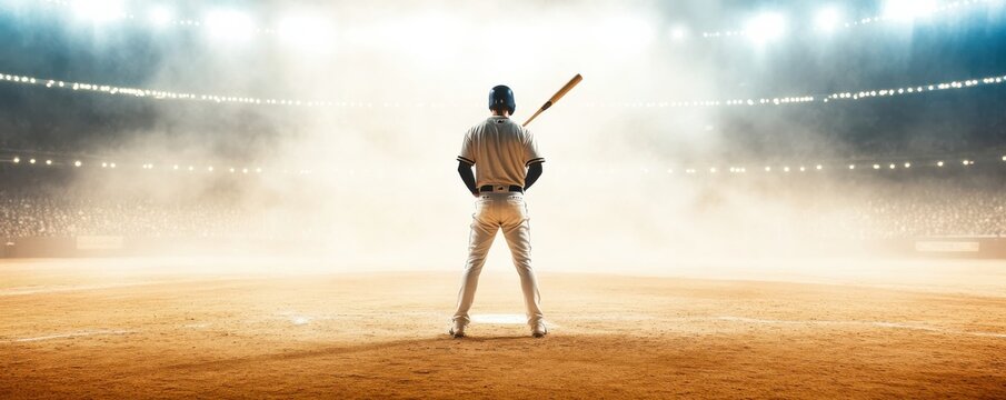 A baseball player stands confidently in a dimly lit stadium, ready to face the upcoming challenge, bat in hand and focused.
