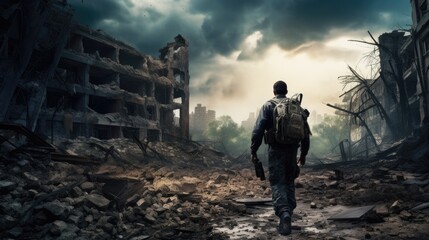 A lone soldier walks through the ruins of a destroyed city. The sky is dark and stormy, and the air is thick with smoke.