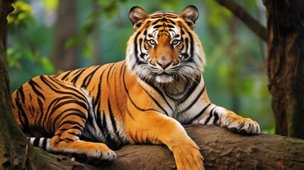 Obraz premium A majestic tiger rests on a tree branch, its powerful gaze fixed on the viewer.