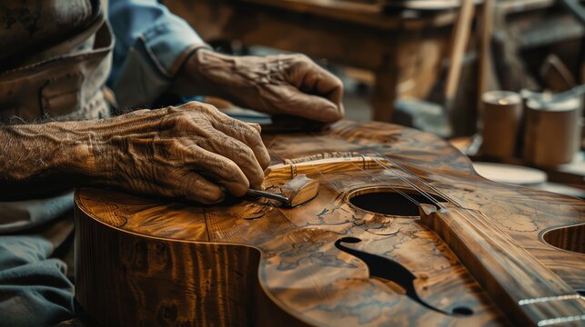 A man's hands are working on a wooden guitar.