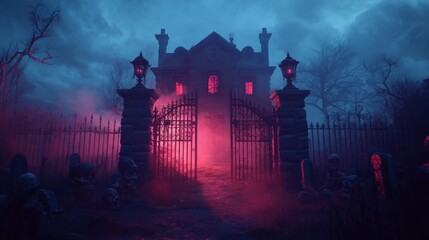 Eerie Haunted House with Glowing Windows and Open Gate