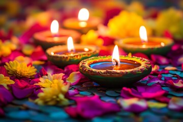 Diwali diya oil lamps with flowers holiday background. Creating a festive and decorative composition.