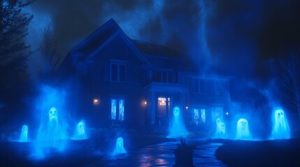Obraz premium Haunted House with Blue Glowing Ghosts on Halloween Night