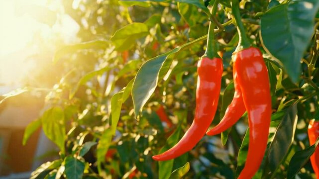 ripe red chili peppers on plant
