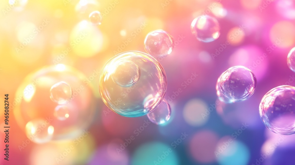 Poster colorful soap bubbles on a vibrant bokeh background, abstract concept