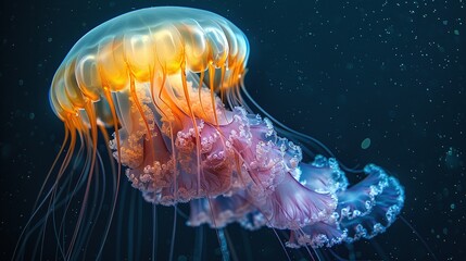 A jellyfish with orange and pink tentacles is floating in the ocean