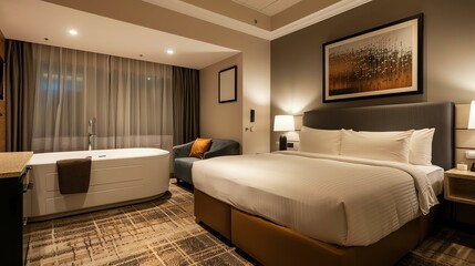 A modern hotel room with a large bed and a freestanding bathtub.