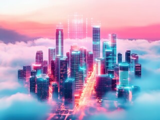 Fototapeta premium A futuristic city skyline emerging from vibrant clouds, illuminated with neon colors, showcasing urban innovation and dreamlike beauty.