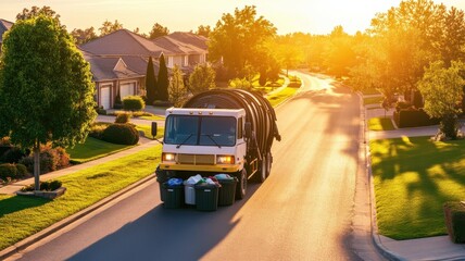 Obraz premium A garbage truck collects waste on a sunny residential street, showcasing community cleanliness and efficient waste management.