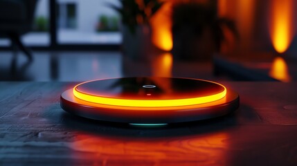 Obraz premium A futuristic-looking, circular device with a glowing orange ring, on a dark surface.