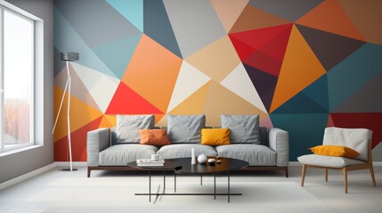 A modern living room with a geometric patterned wall, a comfortable sofa and armchair, and a stylish coffee table.