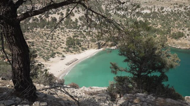 View of Livadi Beach from elevated position, Astrida, Thassos, Aegean Sea, Greek Islands, Greece, Europe