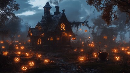 Obraz premium A Spooky Cottage Adorned with Jack-o'-Lanterns in a Misty Forest