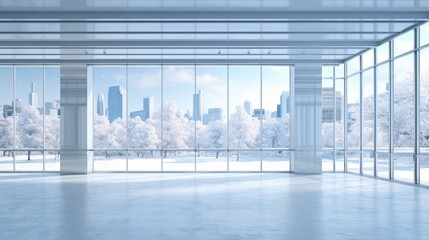 A modern office space with floor-to-ceiling windows overlooking a snowy cityscape.