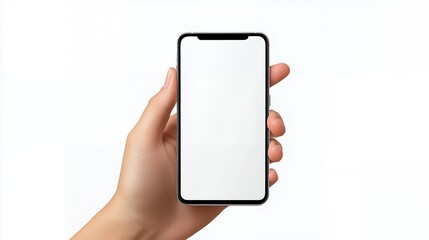 Hand holding a smartphone with blank screen, isolated on white background