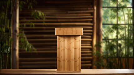 A rustic wooden table with a bamboo background. The table is perfect for showcasing products or displaying food.