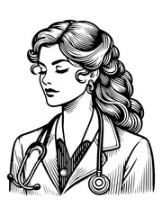 Profile of a woman doctor in black and white line art style. Raster, generative ai.