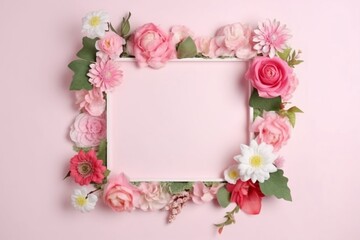 a framed mirror with flowers on it and a frame with a pink background.