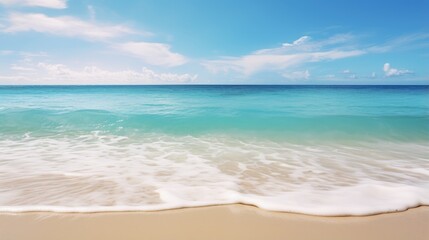 Fototapeta premium A serene seascape with a gentle wave lapping onto a pristine sandy beach.