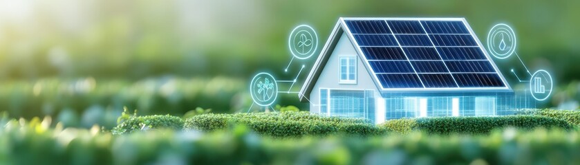 Fototapeta premium A modern house with solar panels surrounded by lush greenery, symbolizing sustainability and eco-friendly energy solutions.