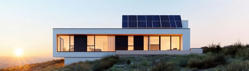 Fototapeta premium A modern house with solar panels, set against a beautiful sunset, showcasing sustainable architecture and serene landscape.
