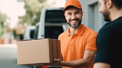 A smiling delivery driver in an orange shirt and cap holds a cardboard box, ready to deliver a package.