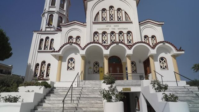 View of Holy Orthodox Church of the Assumption in Potos, Potos, Thassos, Aegean Sea, Greek Islands, Greece, Europe