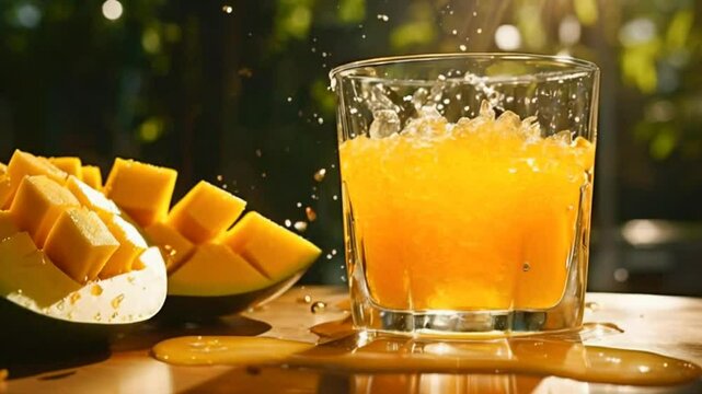 glass of orange juice with mango slices
