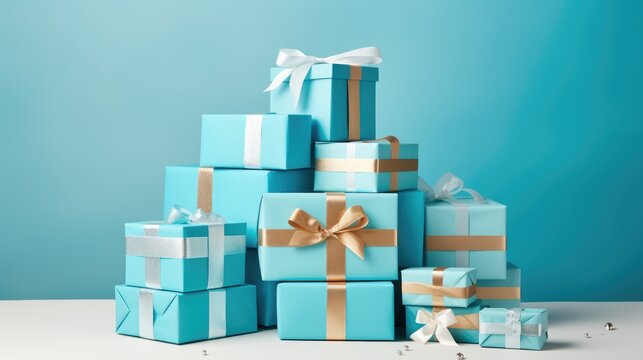 A stack of beautifully wrapped blue gifts with gold and silver ribbons against a light blue background.