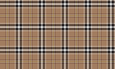 Plaid fabric pattern, brown, black, white, seamless for textile and design clothes skirt pants apron tablecloth blanket or decoration. Vector illustration.